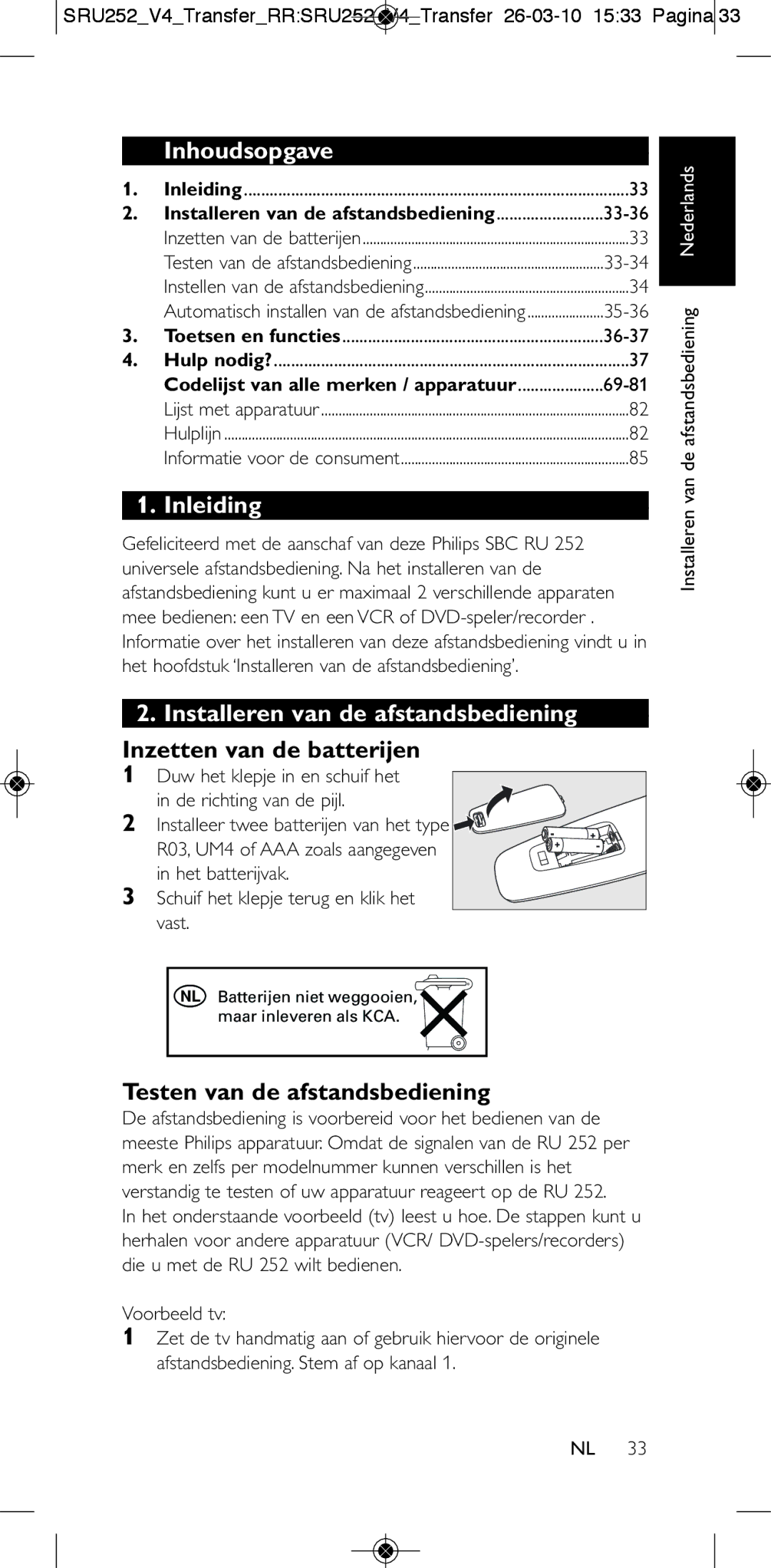 Philips 252/0OH user manual Inhoudsopgave, Inleiding, Installeren van de afstandsbediening, Inzetten van de batterijen 