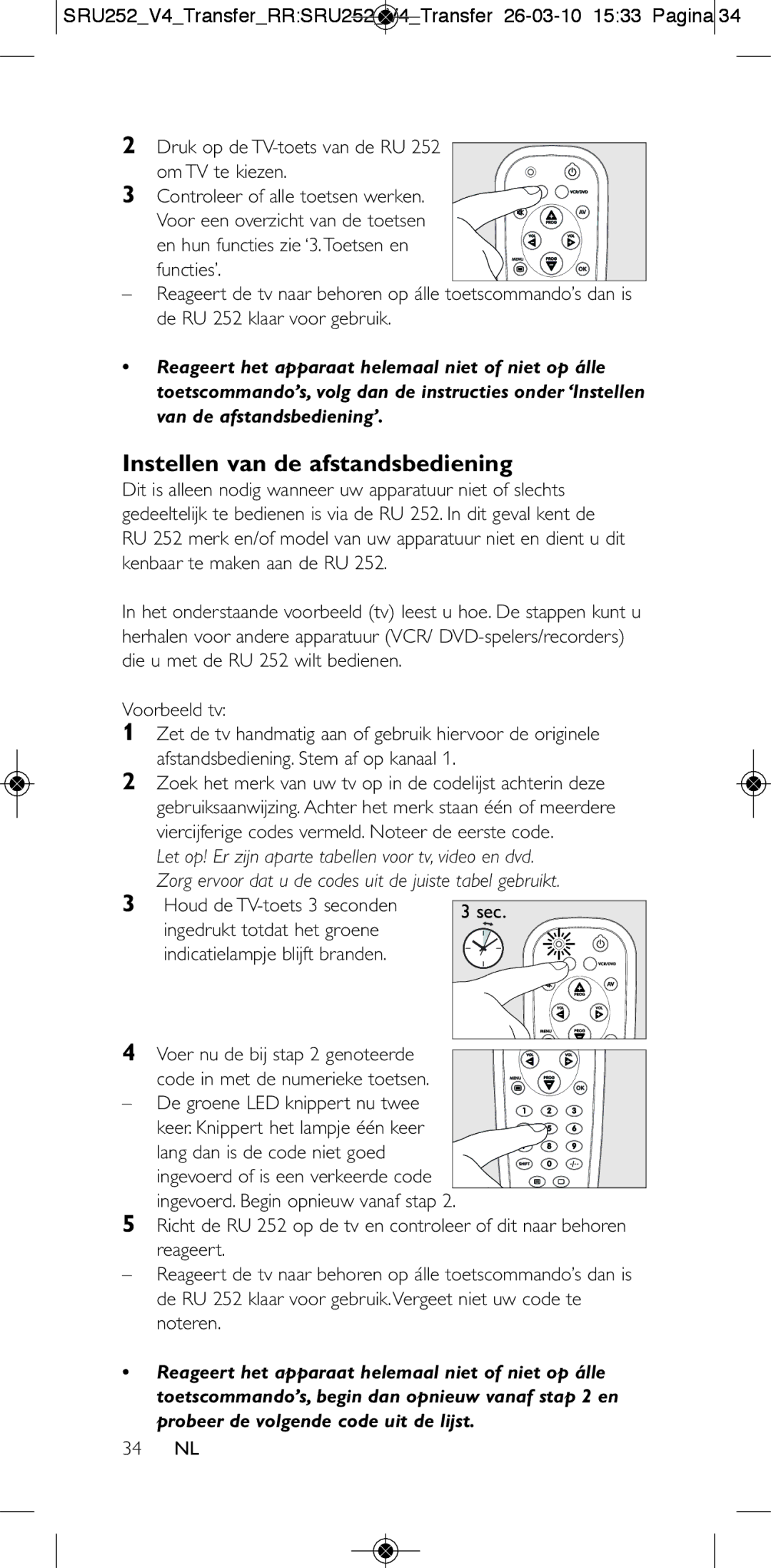 Philips 252/0OH user manual Instellen van de afstandsbediening, De groene LED knippert nu twee, 34 NL 