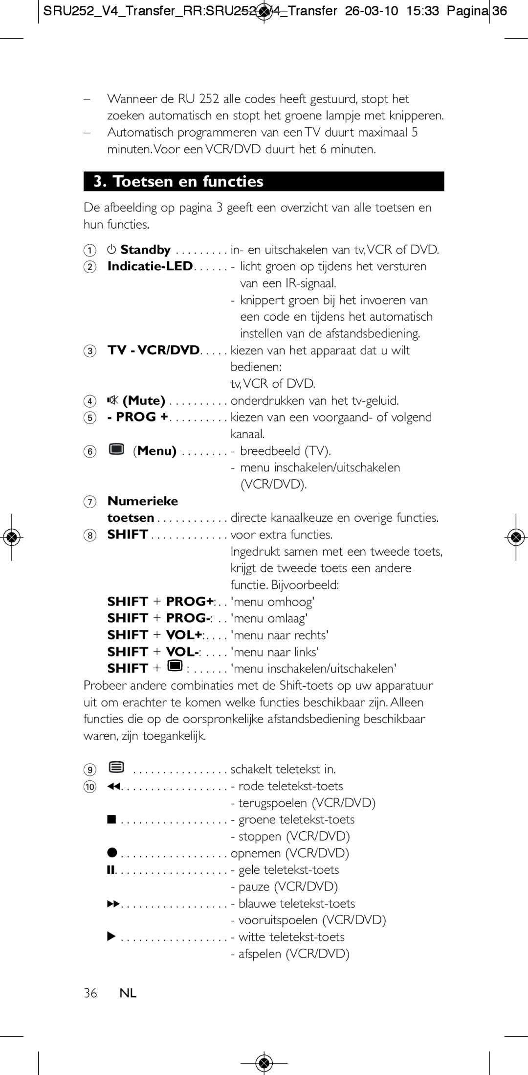 Philips 252/0OH user manual Toetsen en functies, Vcr/Dvd 