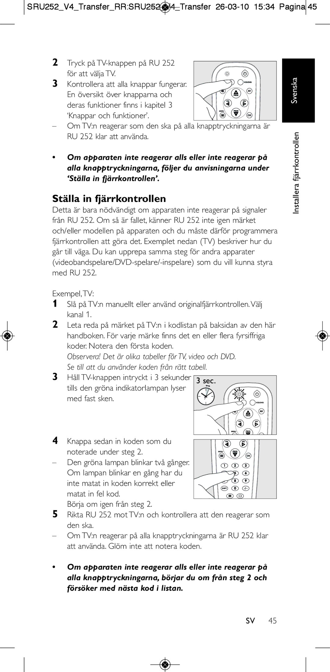 Philips 252/0OH user manual Ställa in fjärrkontrollen 