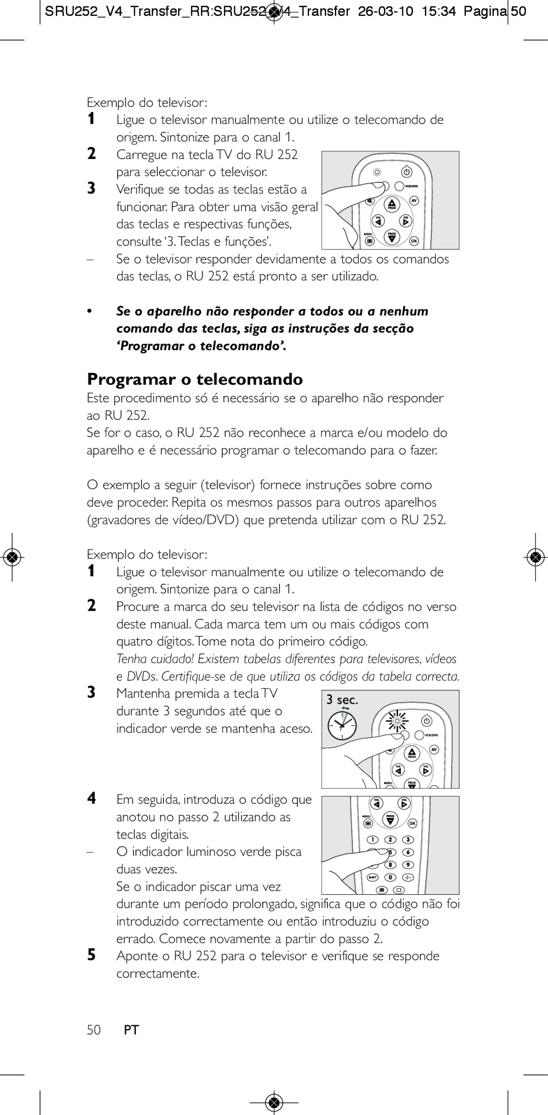 Philips 252/0OH user manual Programar o telecomando 