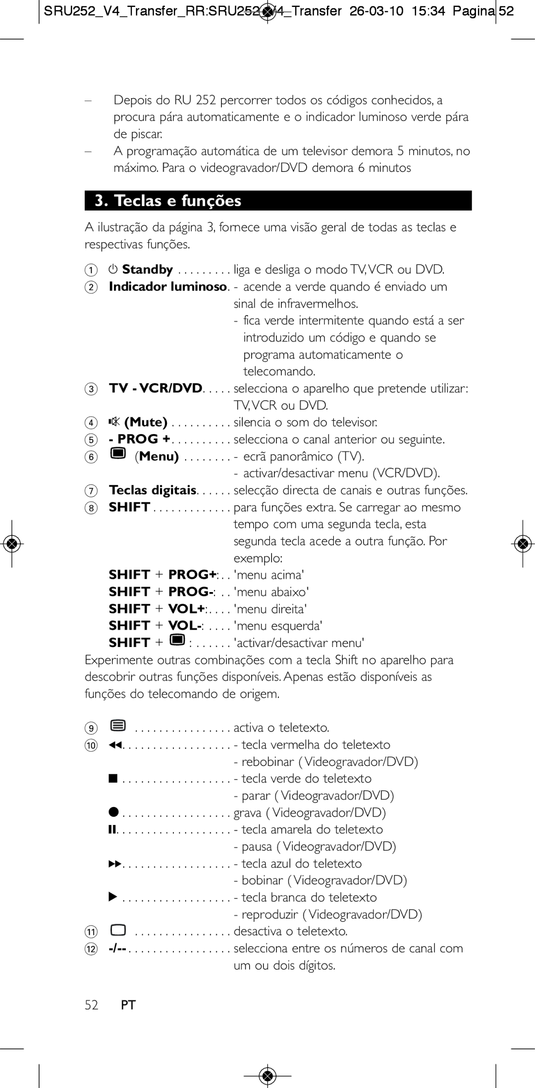 Philips 252/0OH user manual Teclas e funções 