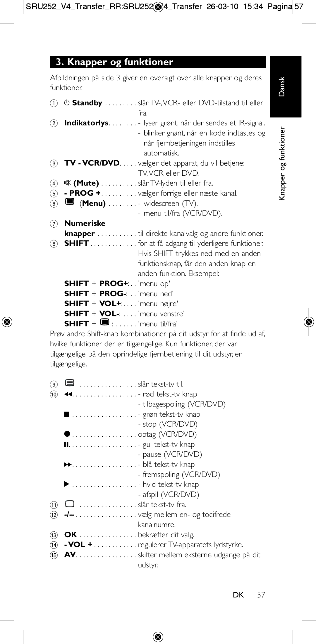 Philips 252/0OH user manual Knapper og funktioner 