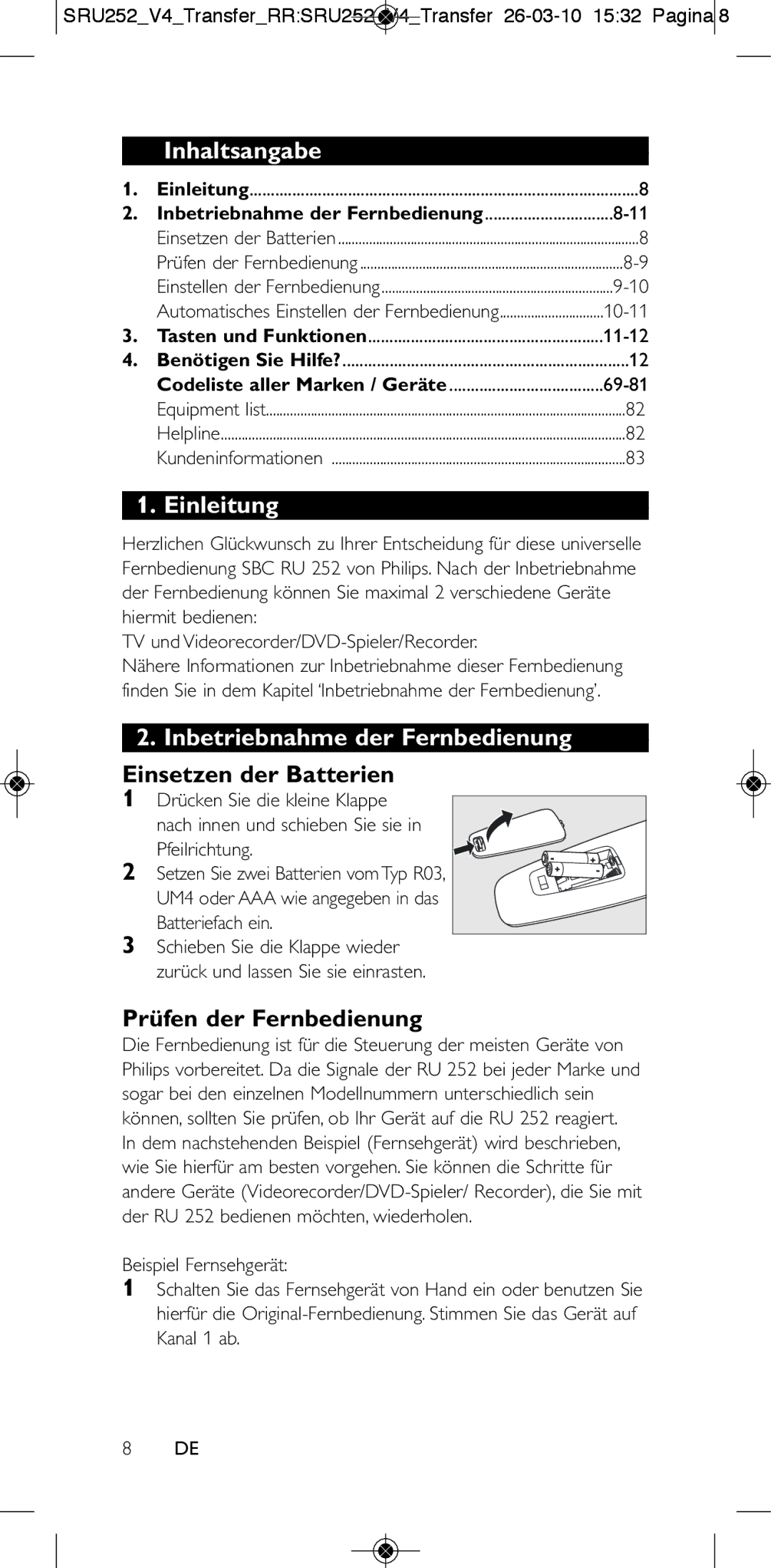 Philips 252/0OH user manual Inhaltsangabe, Einleitung, Inbetriebnahme der Fernbedienung, Einsetzen der Batterien 