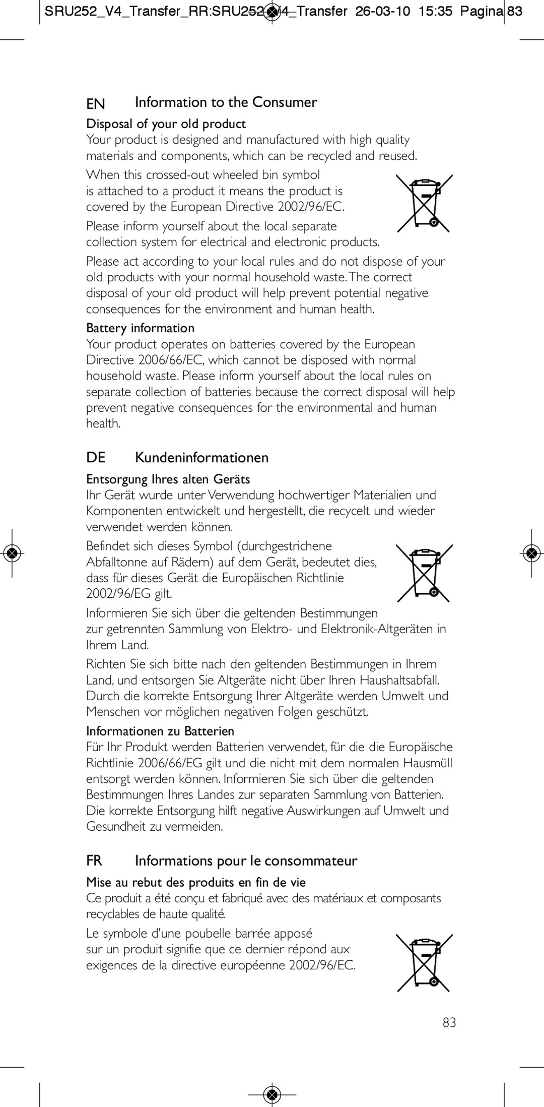 Philips 252/0OH When this crossed-out wheeled bin symbol, Informationen zu Batterien, Informations pour le consommateur 