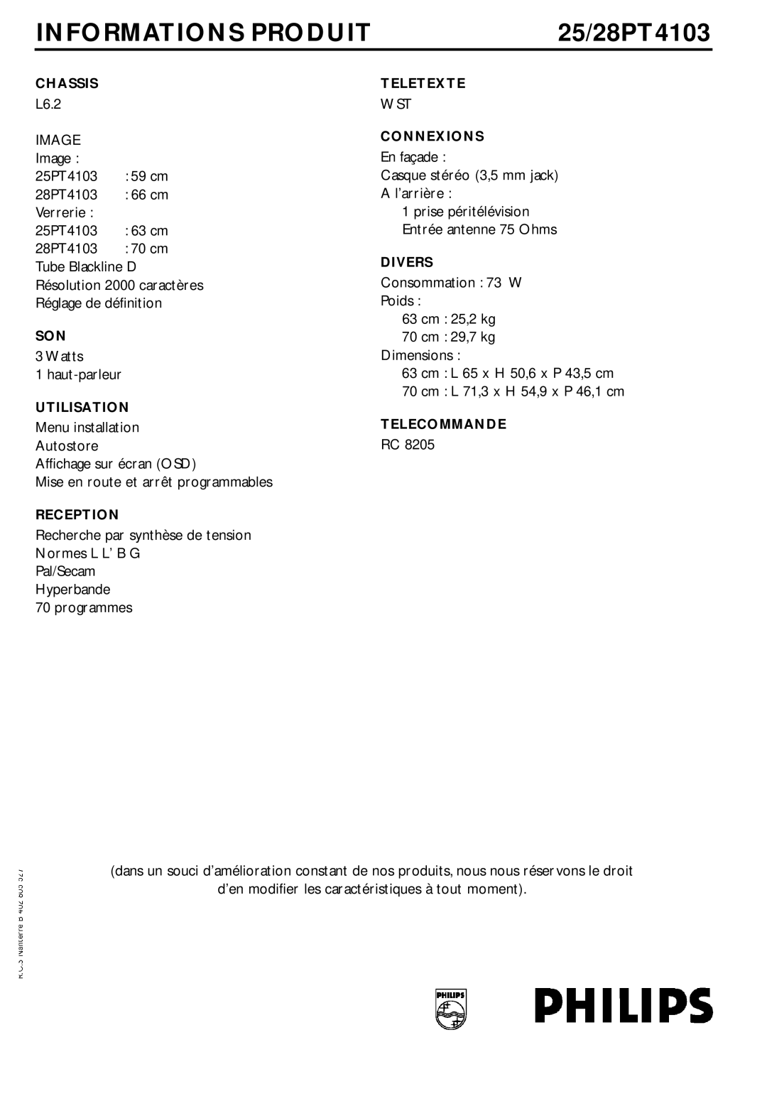 Philips 25/28PT4103 manual Informations Produit, Image, Wst 