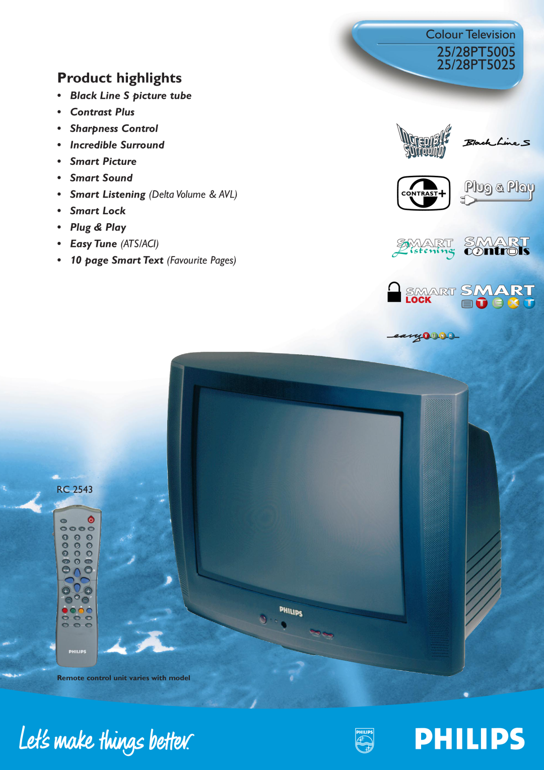Philips manual 25/28PT5005 25/28PT5025, Colour Television, Product highlights, Smart Listening Delta Volume & AVL 