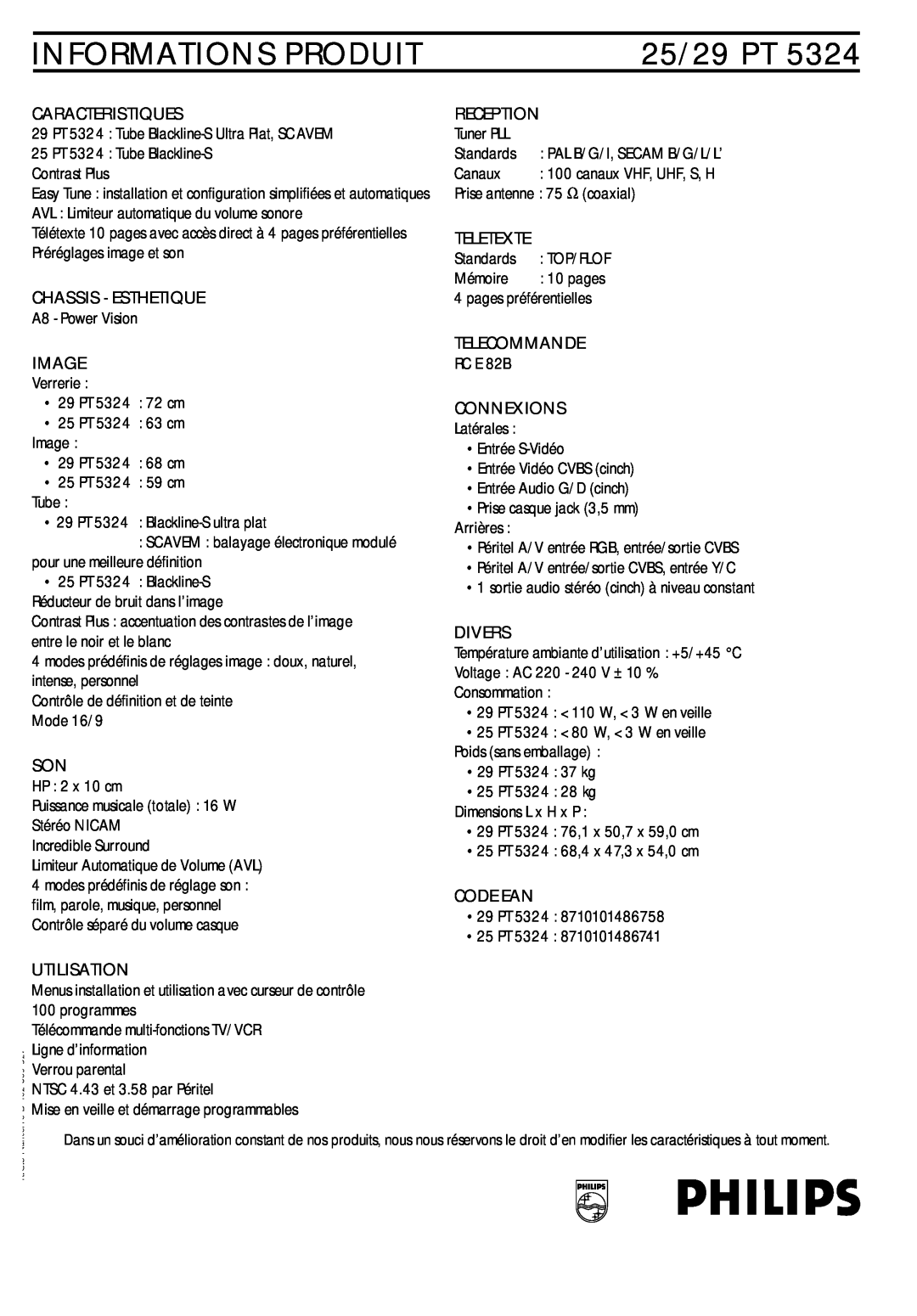 Philips 25/29PT5324 manual Informations Produit, 25/29 PT 