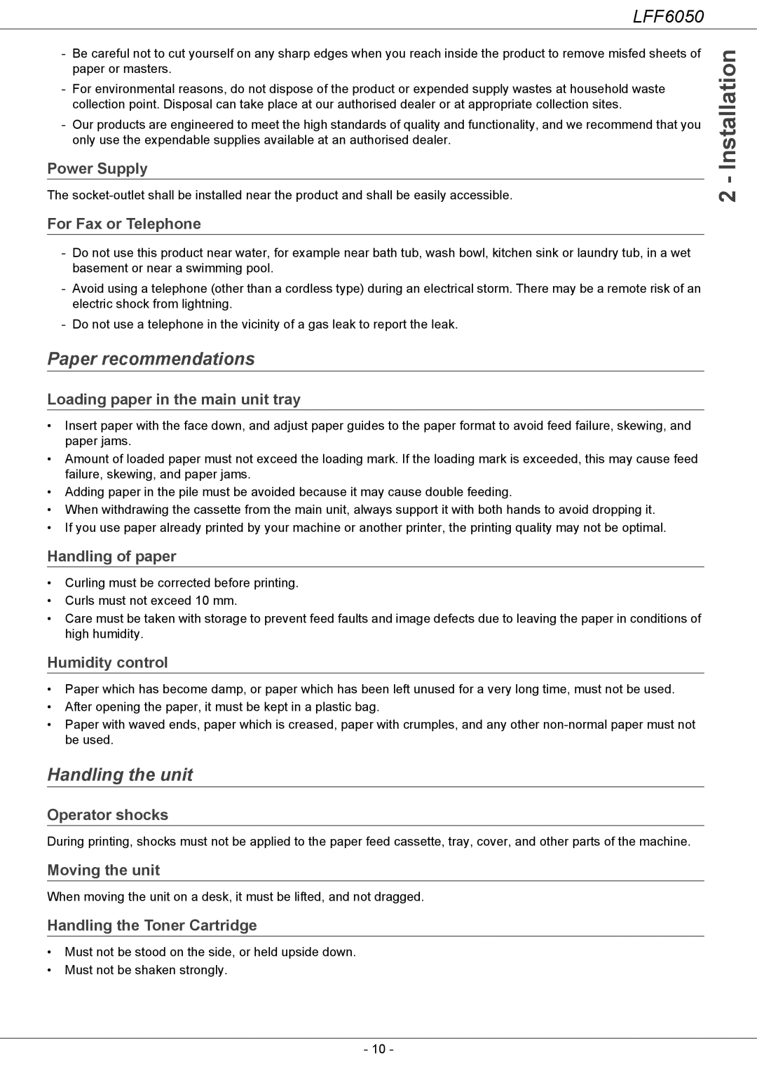 Philips LFF 6050, 253118301-A user manual Paper recommendations, Handling the unit 