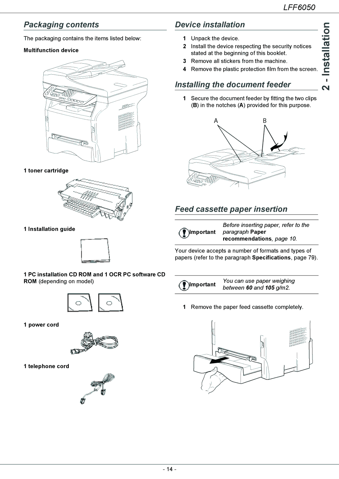 Philips LFF 6050 Packaging contents, Device installation, Installing the document feeder, Feed cassette paper insertion 