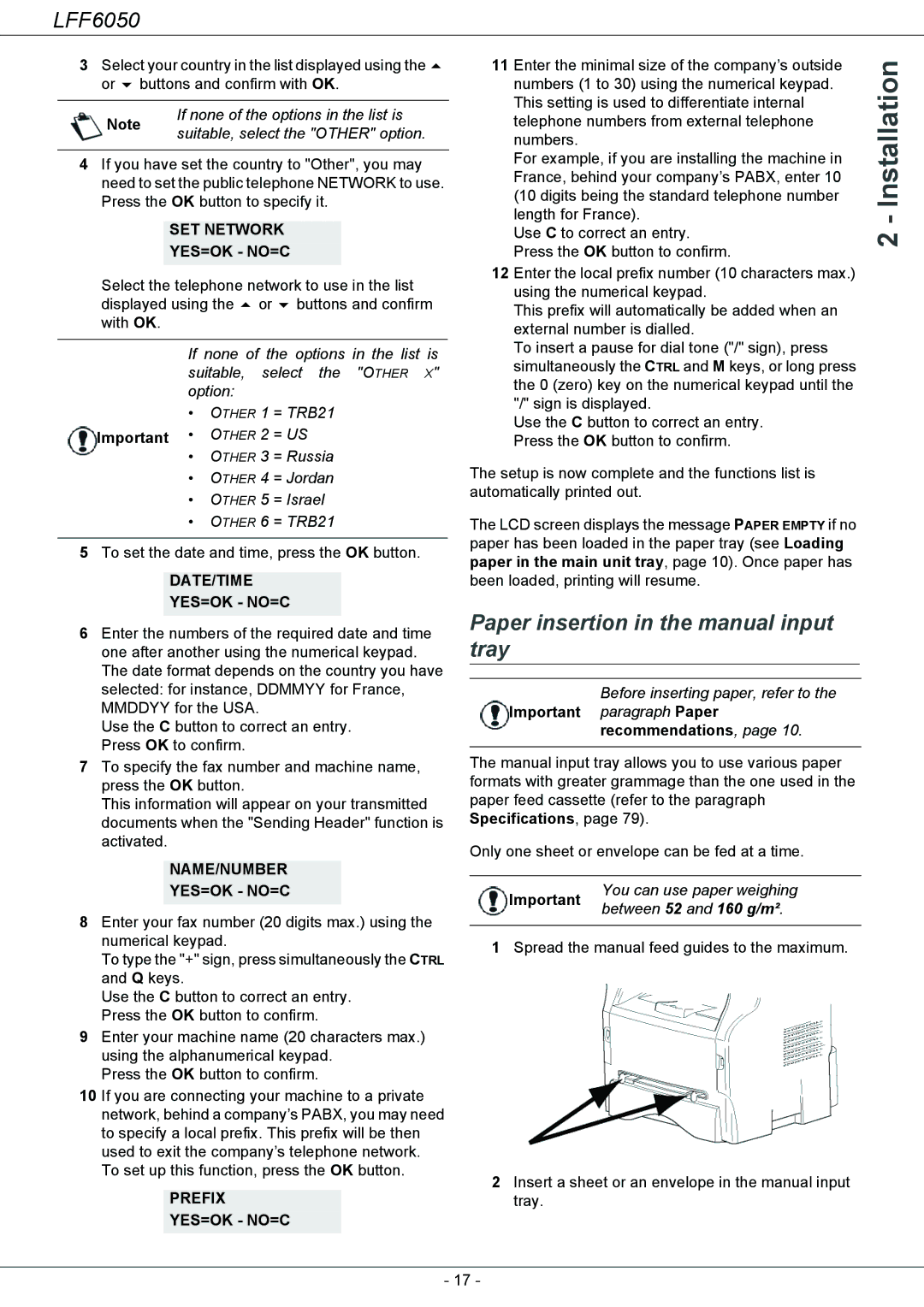 Philips 253118301-A, LFF 6050 user manual Paper insertion in the manual input tray 