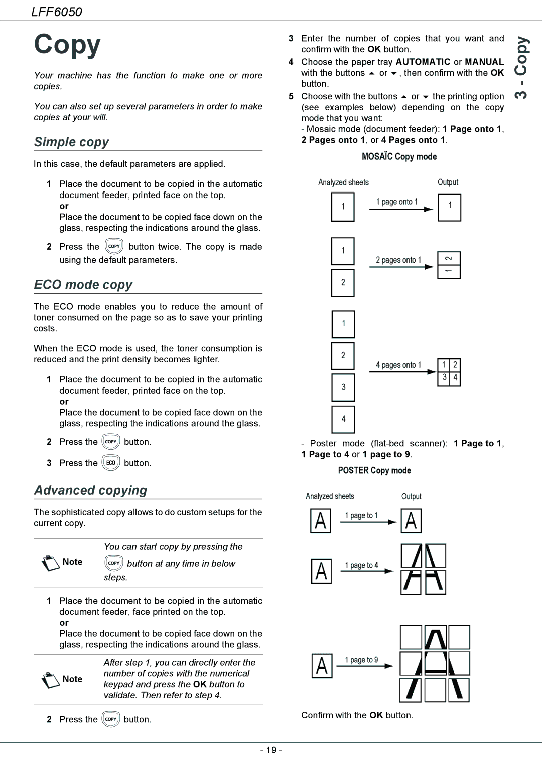 Philips 253118301-A, LFF 6050 user manual Copy, Simple copy, ECO mode copy, Advanced copying 