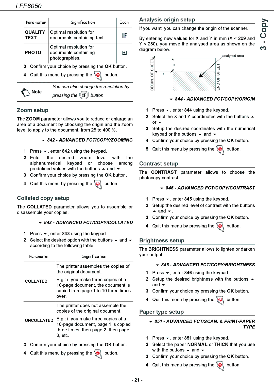 Philips 253118301-A, LFF 6050 Zoom setup, Analysis origin setup, Contrast setup, Collated copy setup, Brightness setup 