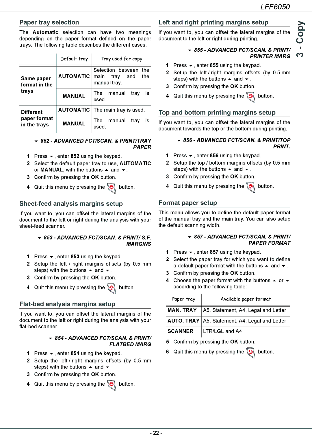 Philips LFF 6050, 253118301-A Paper tray selection, Sheet-feed analysis margins setup, Flat-bed analysis margins setup 