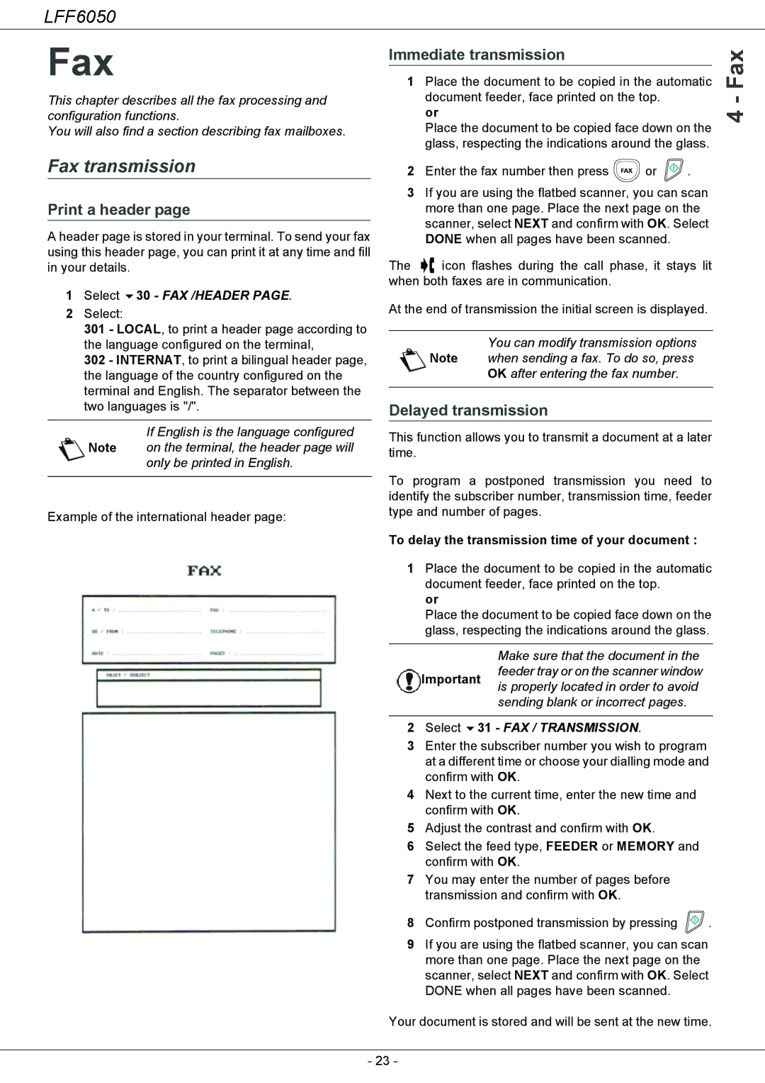 Philips 253118301-A, LFF 6050 user manual Fax transmission, Print a header, Immediate transmission, Delayed transmission 