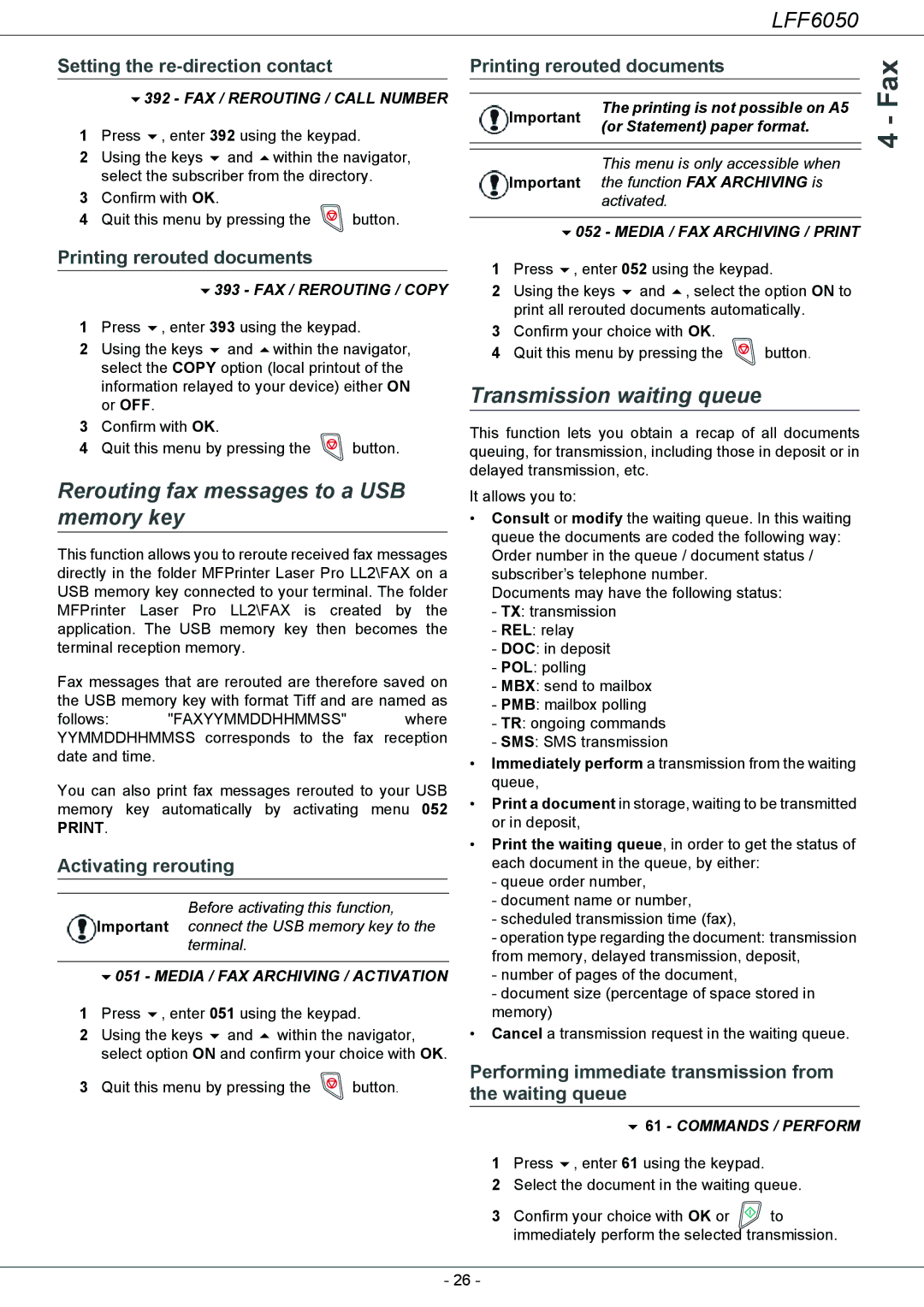 Philips LFF 6050 Rerouting fax messages to a USB memory key, Transmission waiting queue, Setting the re-direction contact 