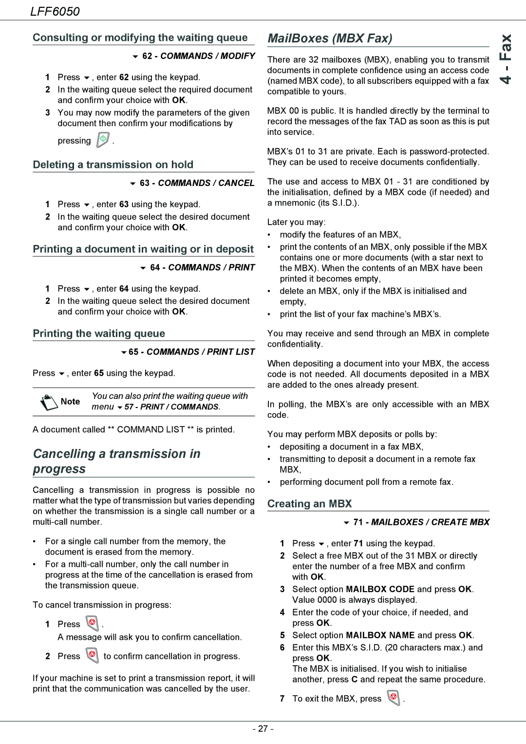 Philips 253118301-A, LFF 6050 user manual Cancelling a transmission in progress, MailBoxes MBX Fax 