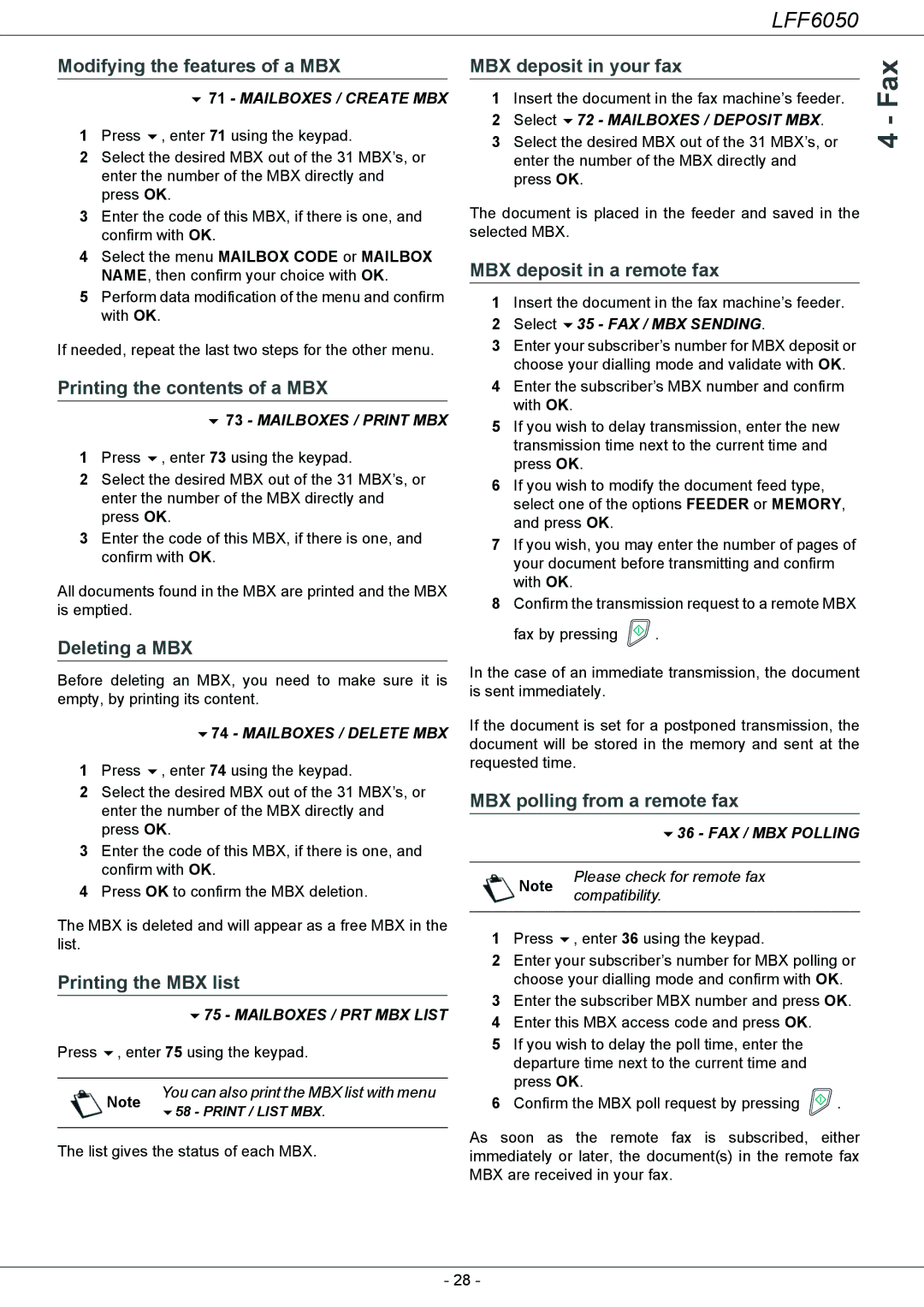 Philips LFF 6050 Modifying the features of a MBX, Printing the contents of a MBX, Deleting a MBX, Printing the MBX list 