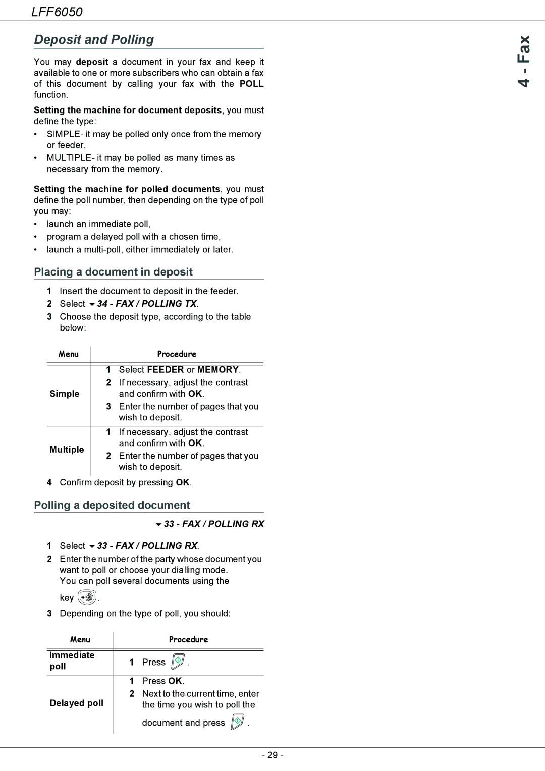 Philips 253118301-A Deposit and Polling, Placing a document in deposit, Polling a deposited document, FAX / Polling RX 