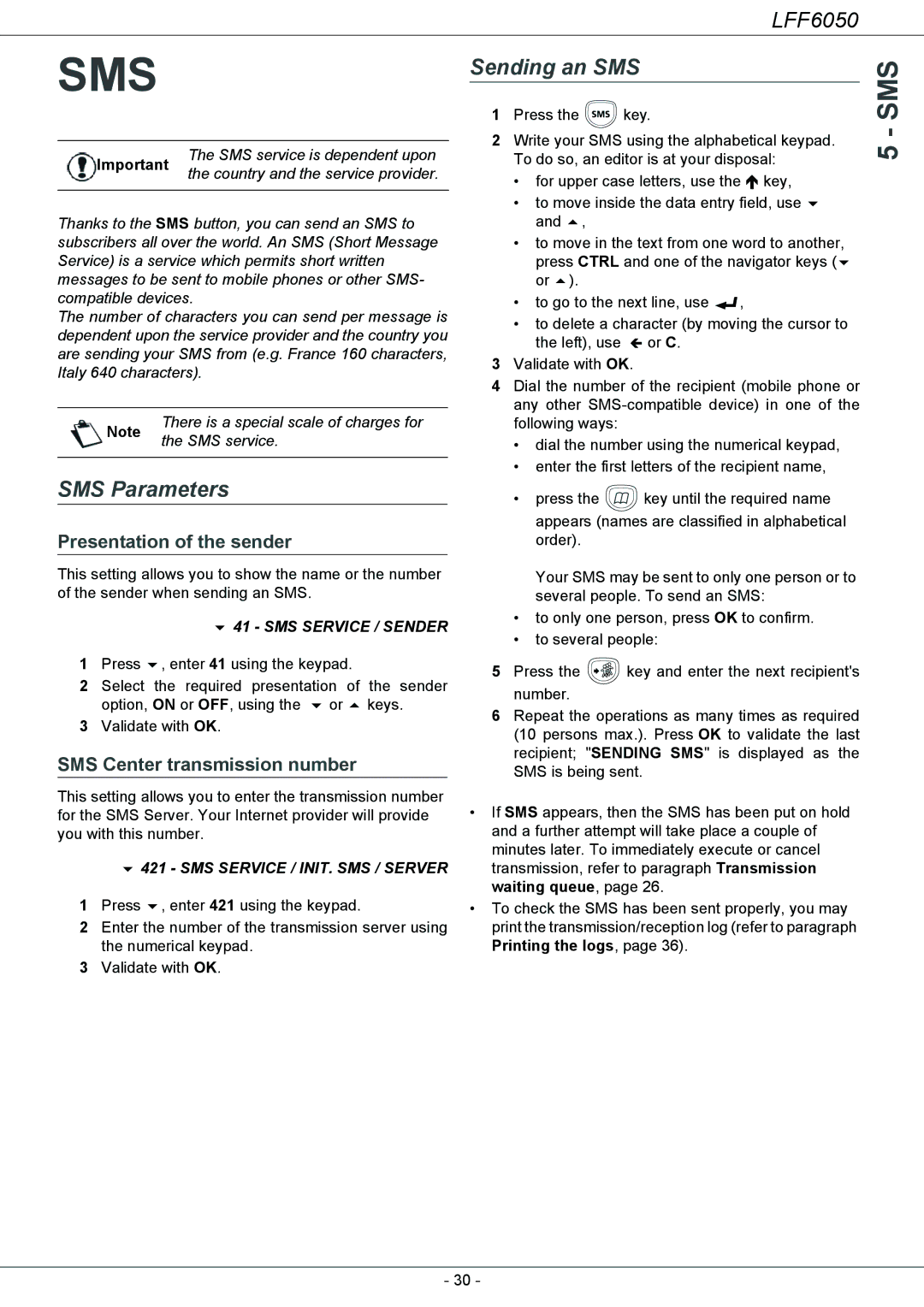 Philips LFF 6050 Sms, Sending an SMS, SMS Parameters, Presentation of the sender, SMS Center transmission number 