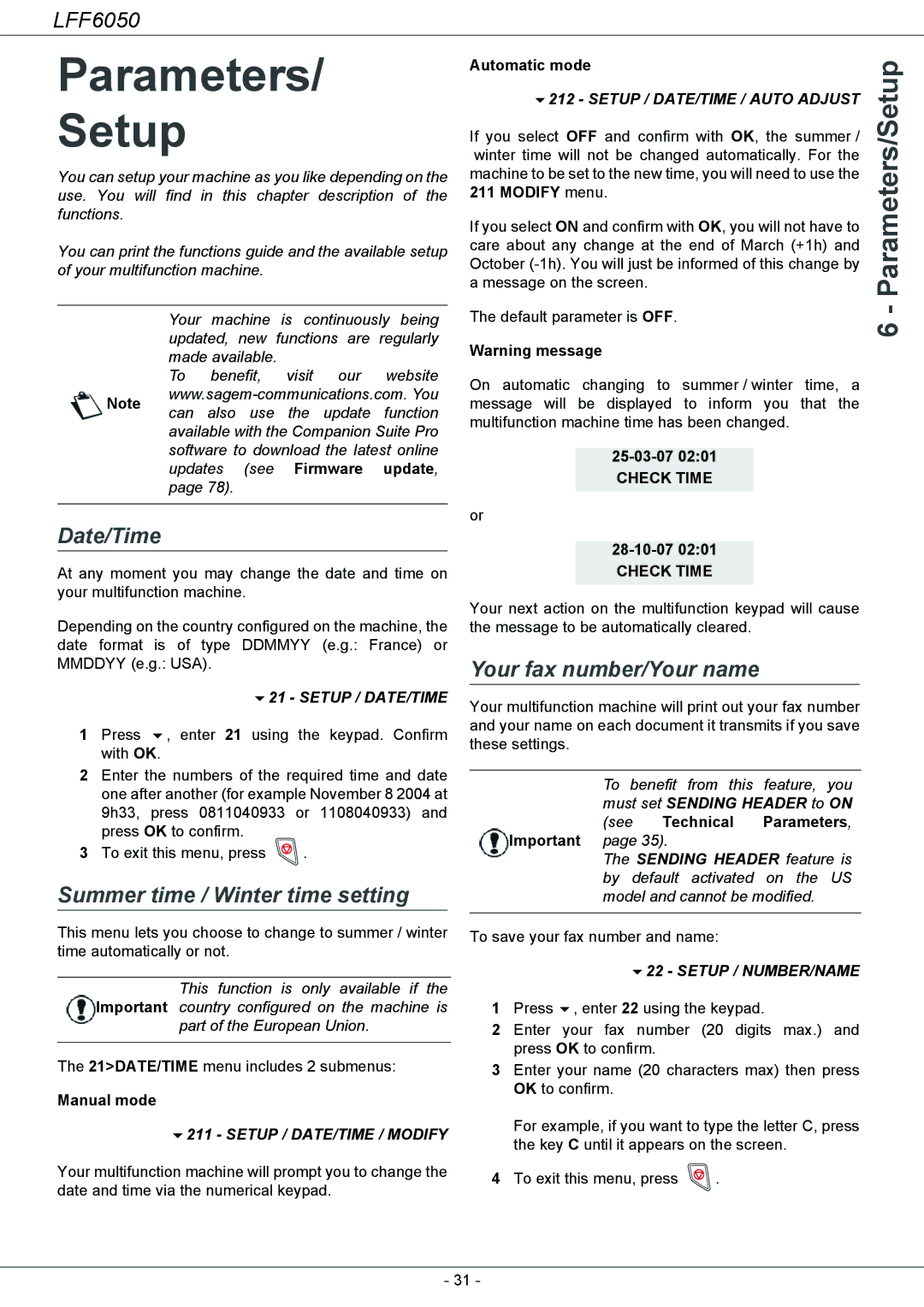 Philips 253118301-A, LFF 6050 Parameters Setup, Date/Time, Summer time / Winter time setting, Your fax number/Your name 