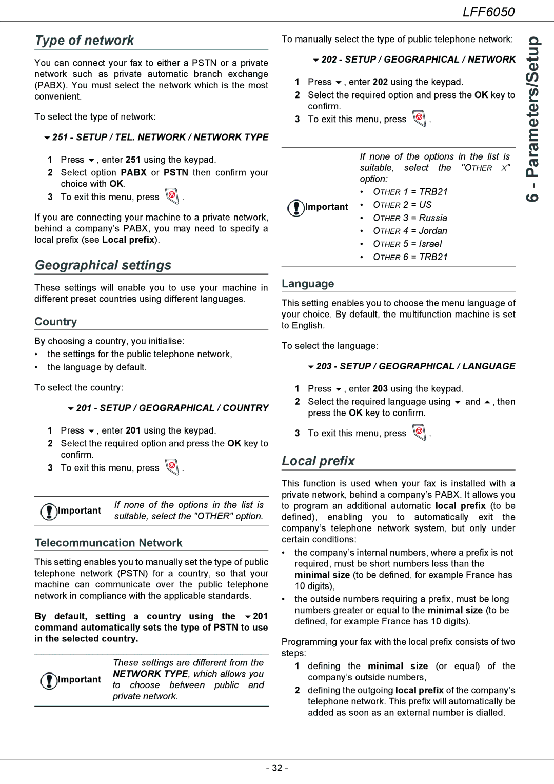 Philips LFF 6050, 253118301-A user manual Type of network, Geographical settings, Local prefix 