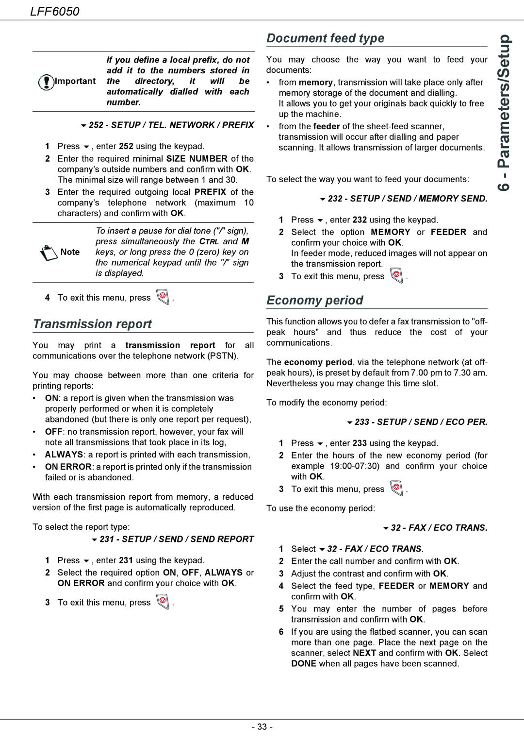 Philips 253118301-A, LFF 6050 user manual Parameters/Setup, Transmission report, Document feed type, Economy period 