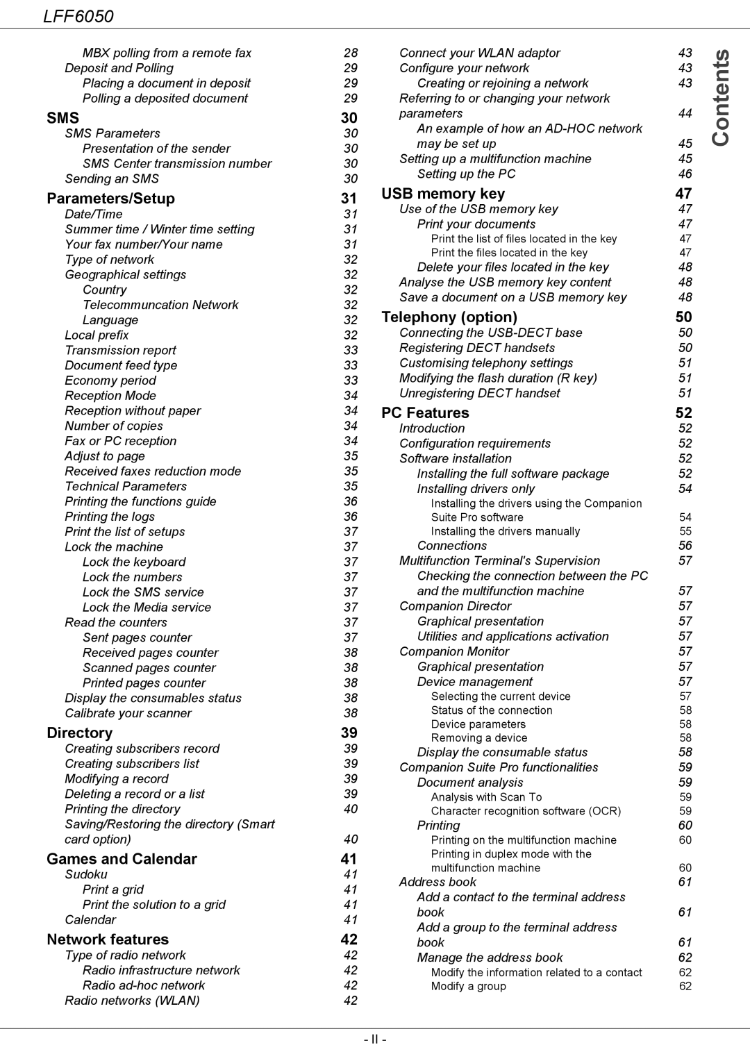 Philips 253118301-A, LFF 6050 user manual Parameters/Setup, Directory, Games and Calendar, Network features 