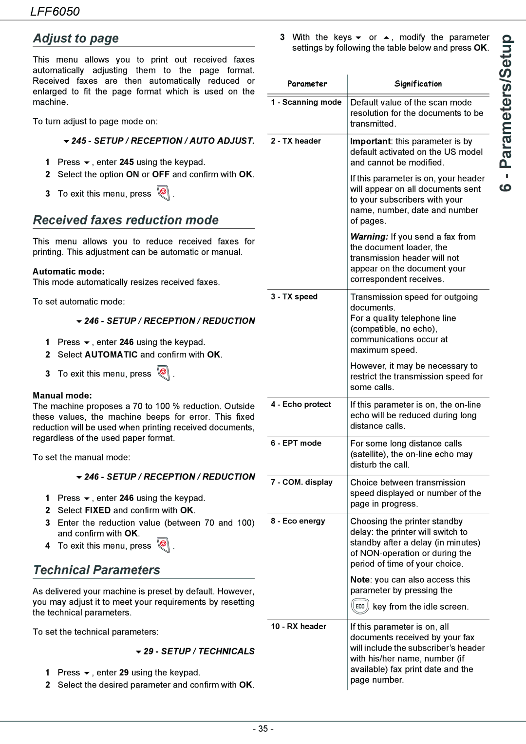 Philips 253118301-A, LFF 6050 user manual Adjust to, Received faxes reduction mode, Technical Parameters 