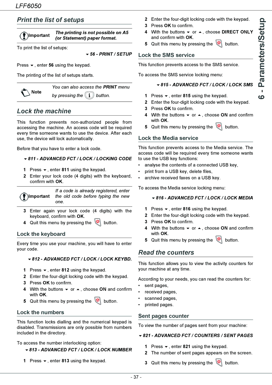 Philips 253118301-A, LFF 6050 user manual Print the list of setups, Lock the machine, Read the counters 