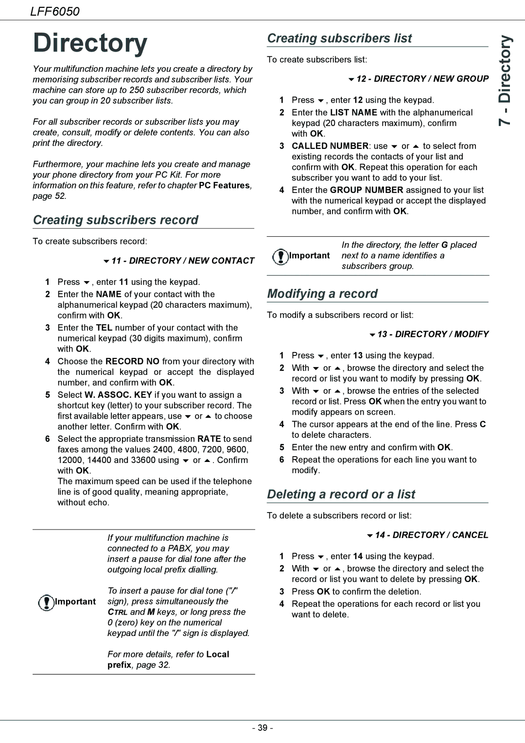 Philips 253118301-A, LFF 6050 Directory, Creating subscribers record, Creating subscribers list, Modifying a record 