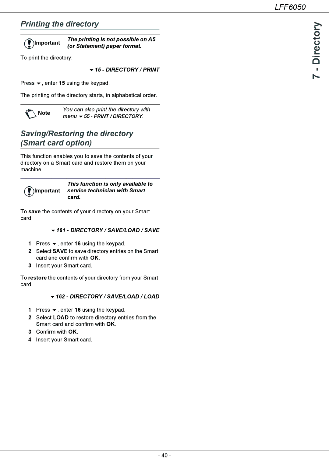 Philips LFF 6050, 253118301-A Directory, Printing the directory, Saving/Restoring the directory Smart card option 