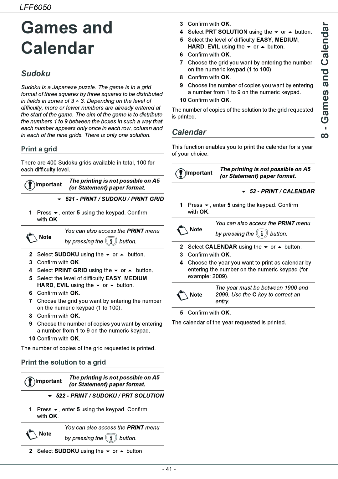 Philips 253118301-A, LFF 6050 user manual Games Calendar, Sudoku, Print a grid, Print the solution to a grid 