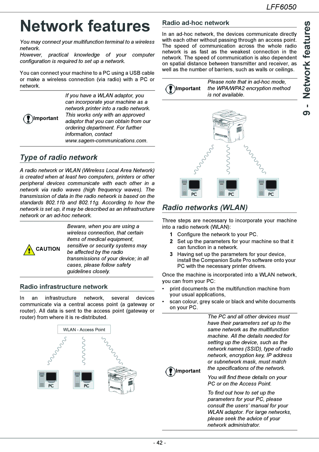 Philips LFF 6050, 253118301-A user manual Network features, Type of radio network, Radio networks Wlan 