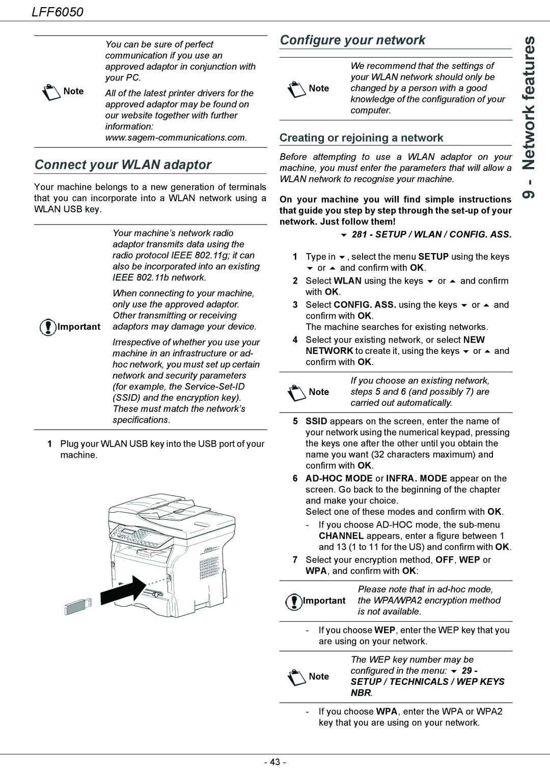 Philips 253118301-A, LFF 6050 user manual Connect your Wlan adaptor, Configure your network, Creating or rejoining a network 