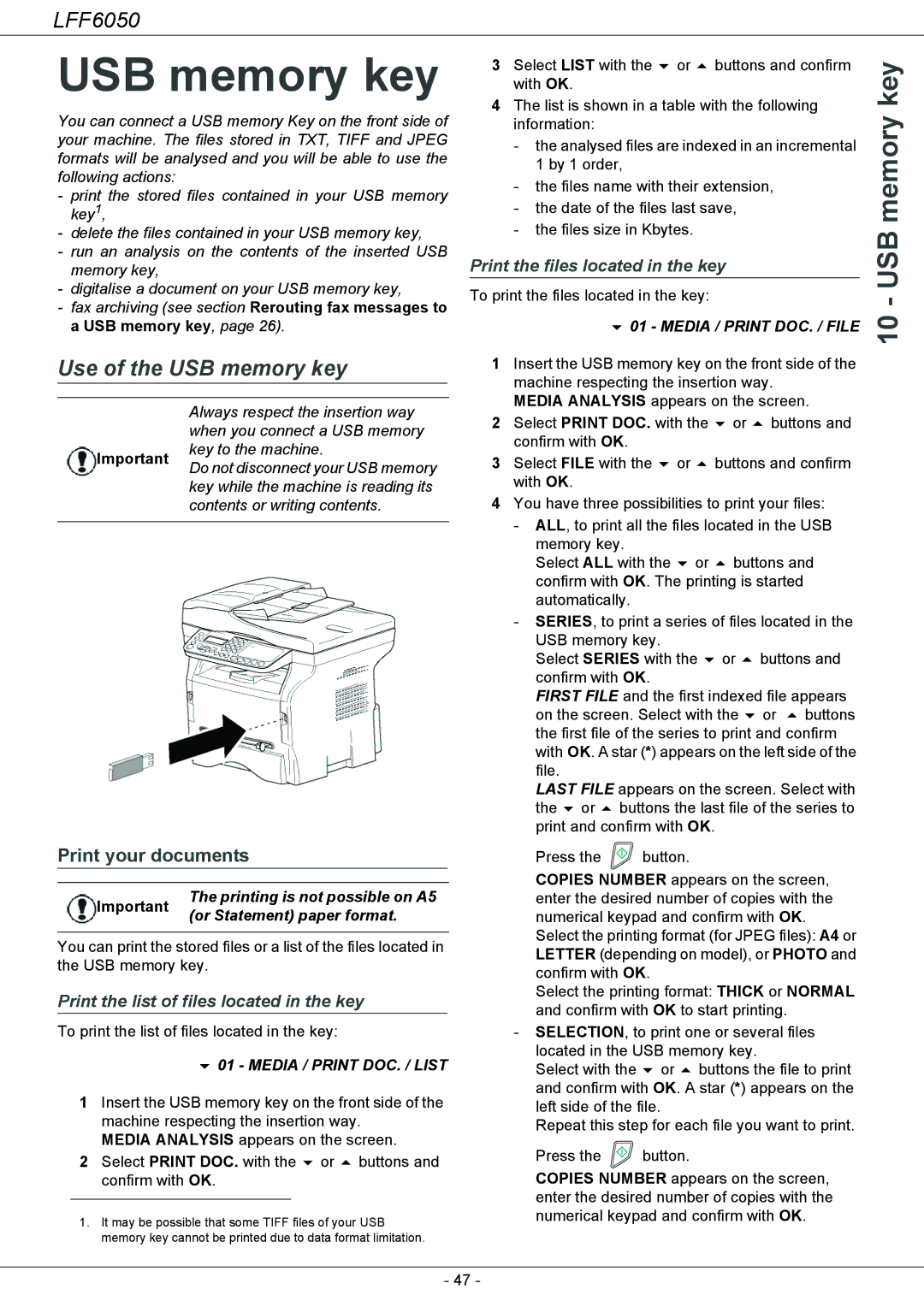 Philips 253118301-A, LFF 6050 user manual Use of the USB memory key, Print your documents 