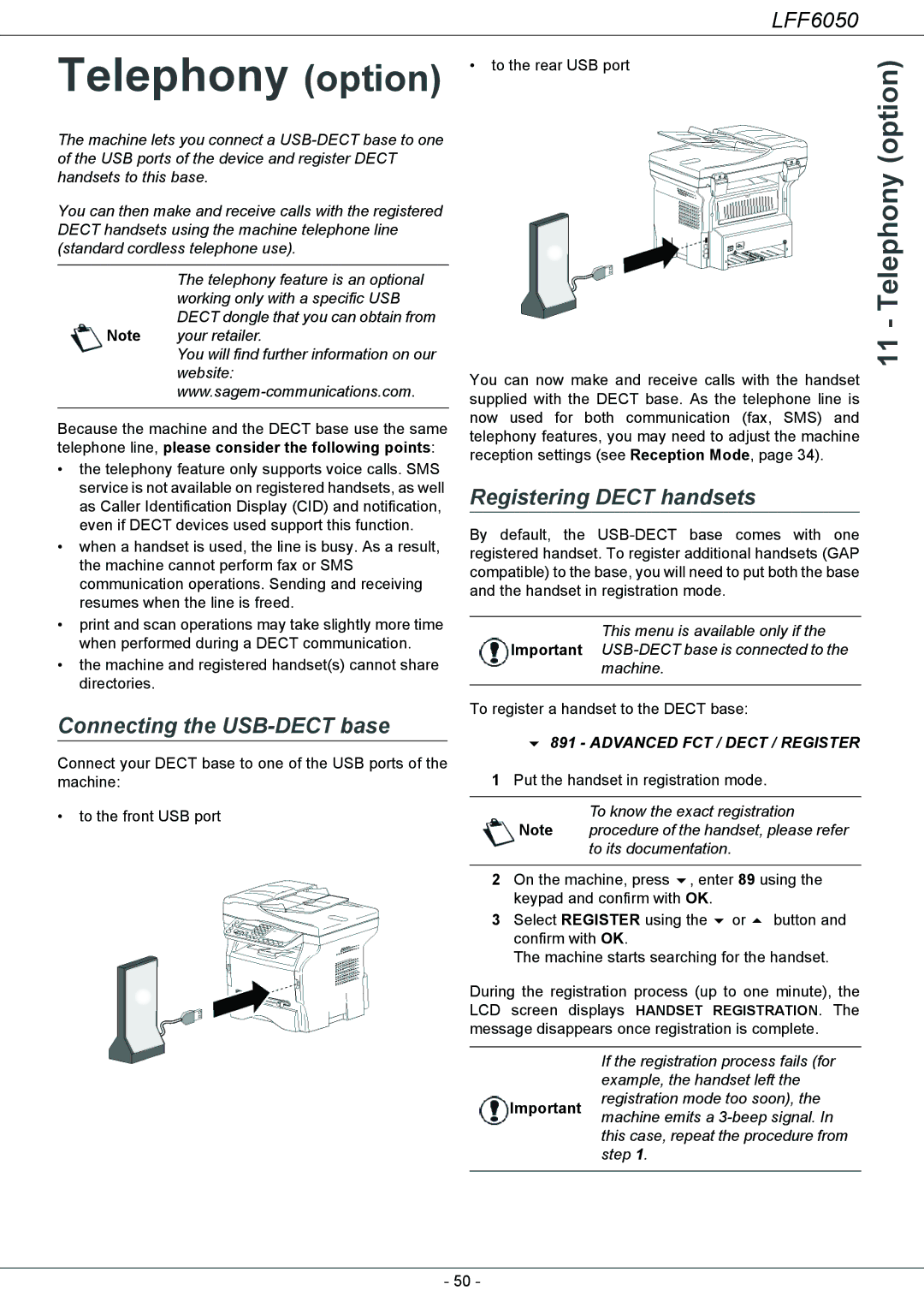 Philips LFF 6050 Telephony option, Connecting the USB-DECT base, Registering Dect handsets, Advanced FCT / Dect / Register 