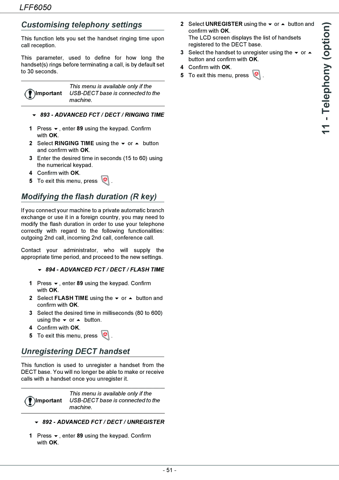 Philips 253118301-A, LFF 6050 Telephony option, Customising telephony settings, Modifying the flash duration R key 