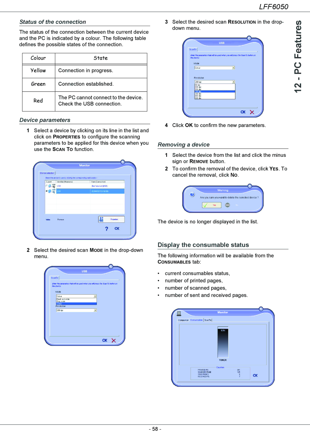 Philips LFF 6050 Down menu.Features PC, Display the consumable status, Status of the connection, Device parameters 