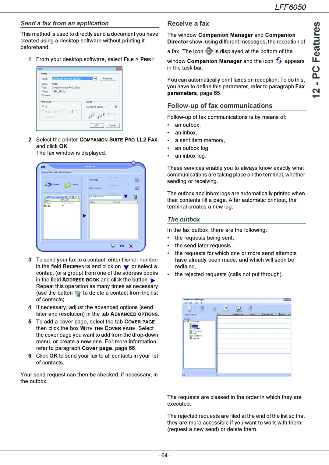 Philips LFF 6050, 253118301-A Receive a fax, Follow-up of fax communications, Send a fax from an application, Outbox 