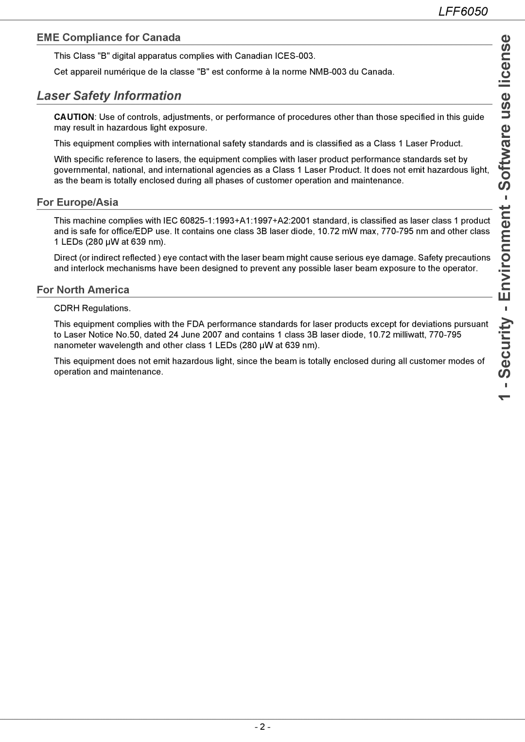 Philips LFF 6050, 253118301-A Laser Safety Information, EME Compliance for Canada, For Europe/Asia, For North America 