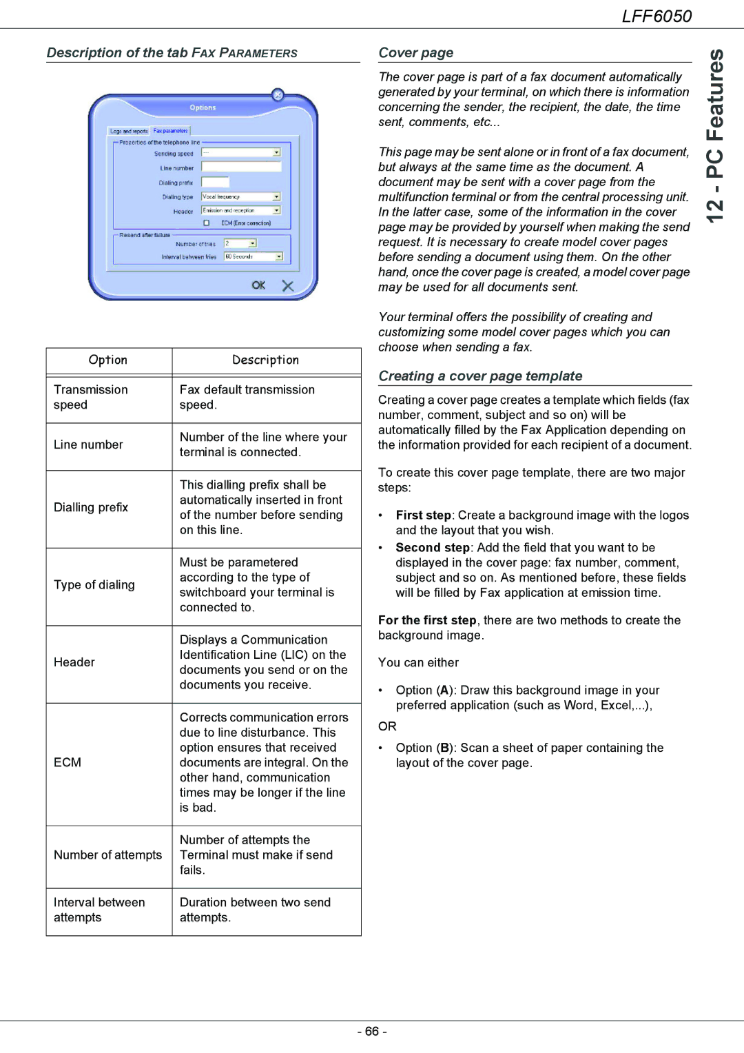 Philips LFF 6050, 253118301-A user manual Description of the tab FAX Parameters, Cover, Creating a cover page template 