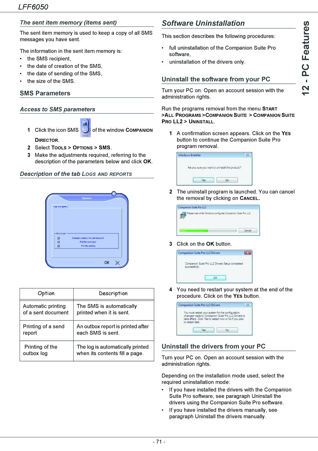 Philips 253118301-A, LFF 6050 user manual Software Uninstallation, SMS Parameters, Uninstall the software from your PC 