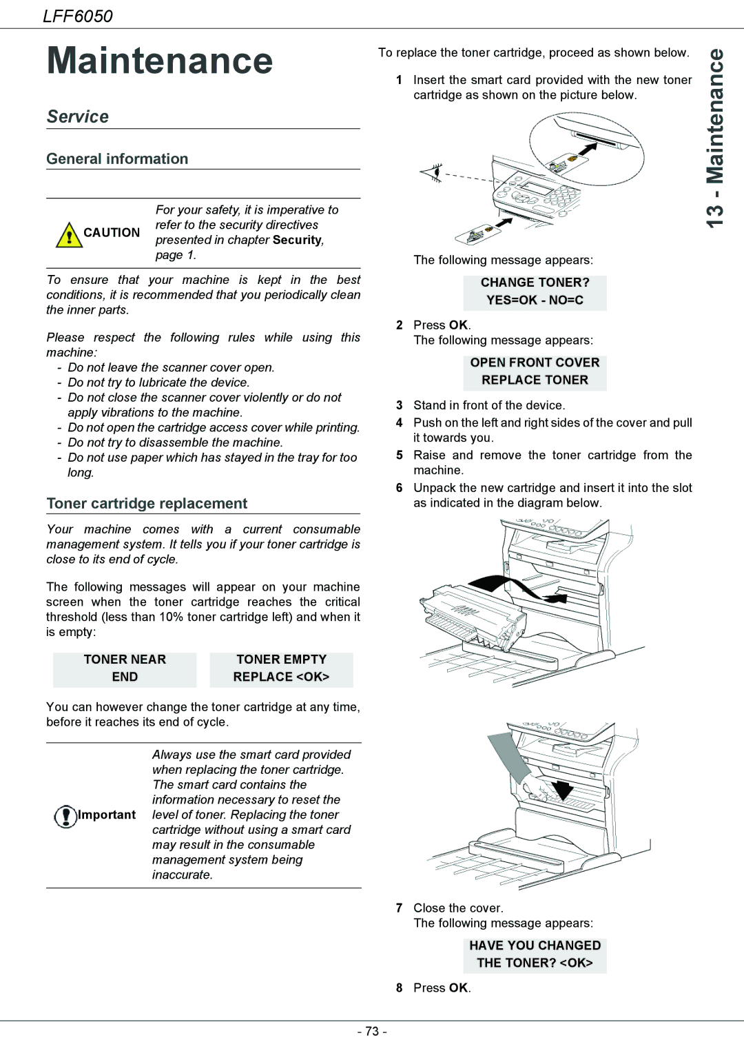 Philips 253118301-A, LFF 6050 user manual Maintenance, Service, General information, Toner cartridge replacement 