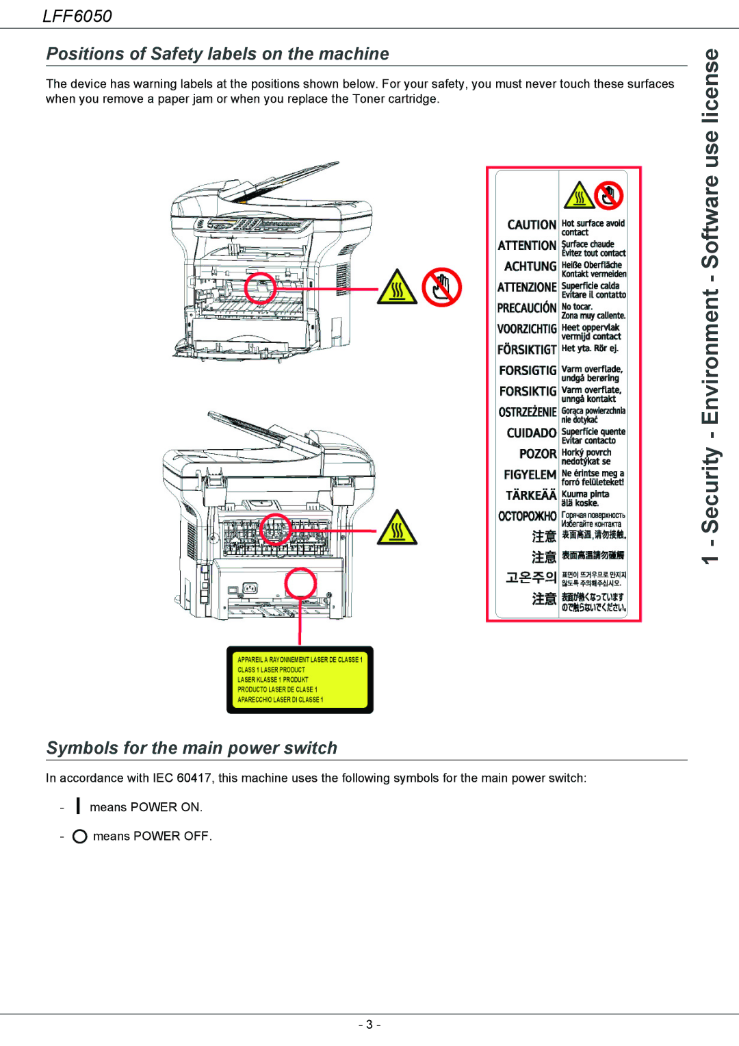 Philips 253118301-A, LFF 6050 user manual Positions of Safety labels on the machine, Symbols for the main power switch 