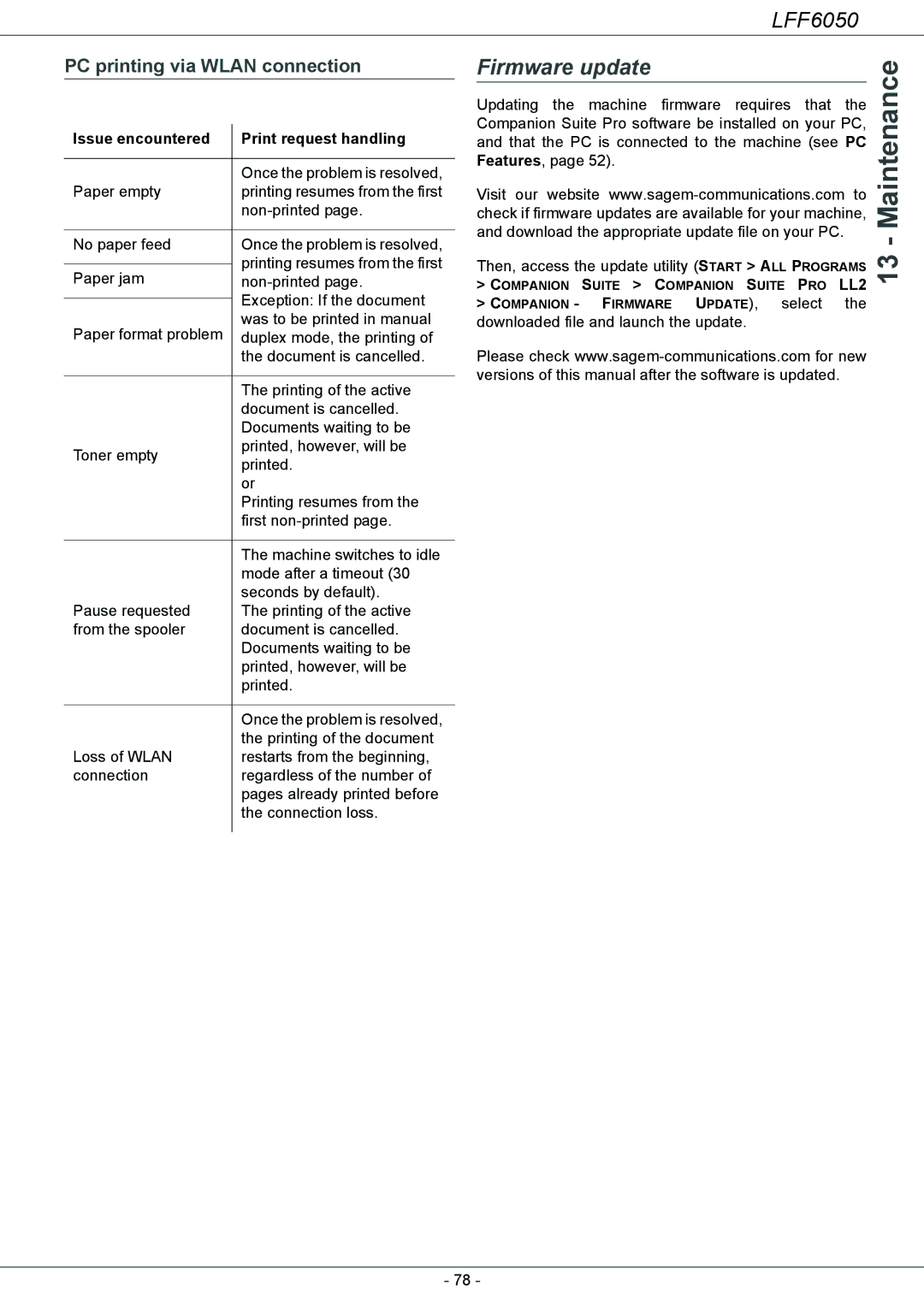 Philips LFF 6050, 253118301-A user manual Firmware update, PC printing via Wlan connection 