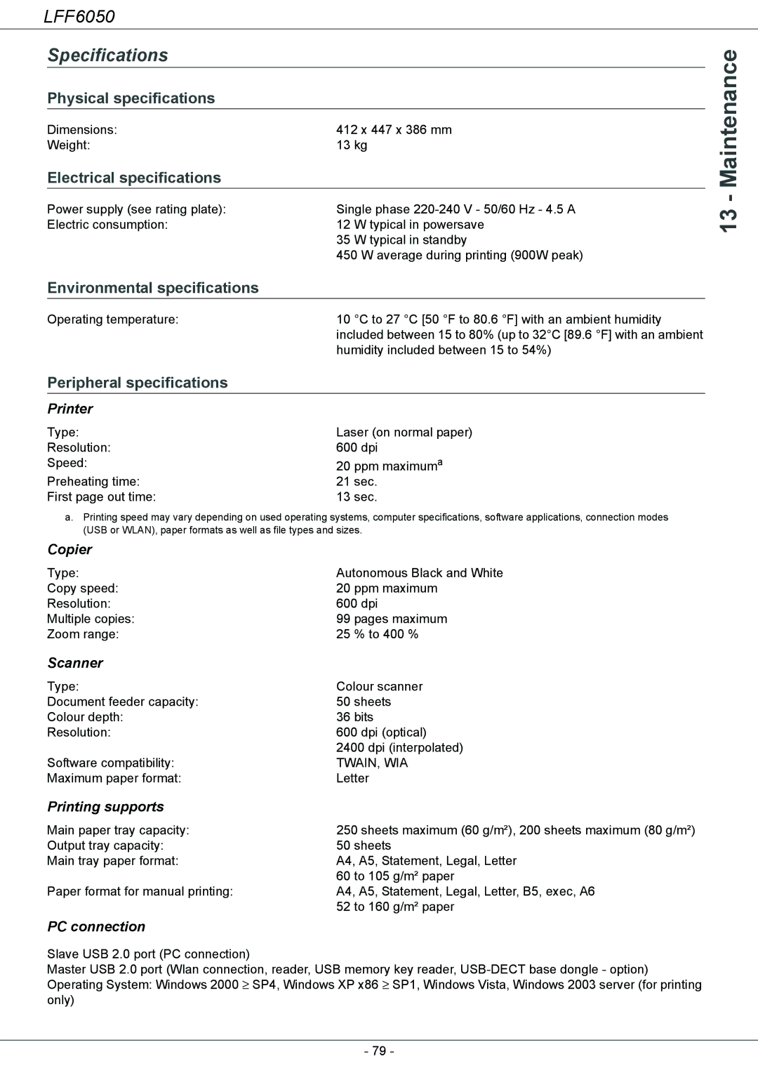 Philips 253118301-A Specifications, Physical specifications, Electrical specifications, Environmental specifications 