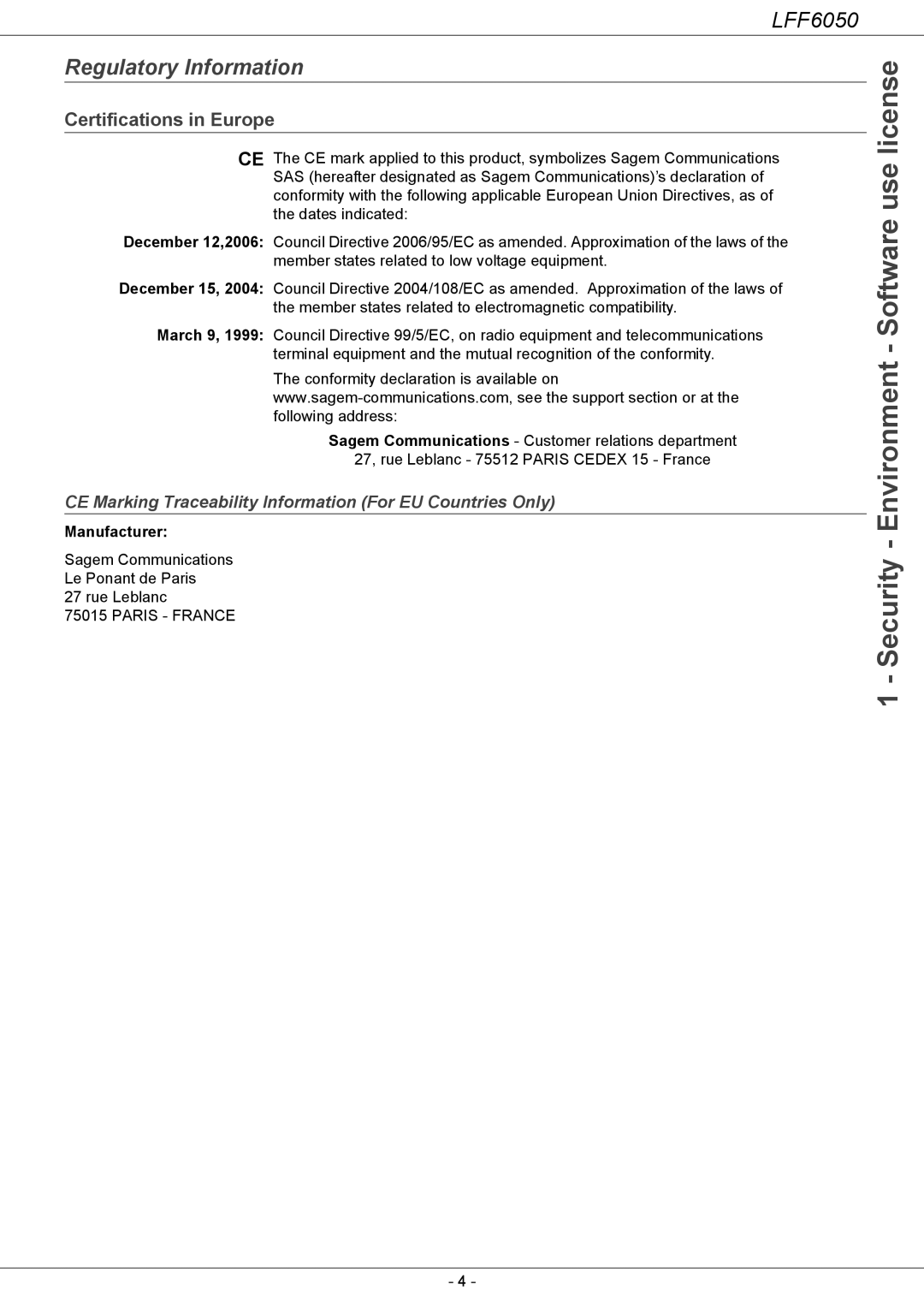 Philips LFF 6050, 253118301-A user manual Regulatory Information, Certifications in Europe, Manufacturer 