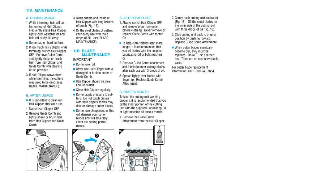 Philips 25LC, 35LC 11A. Maintenance, 11B. Blade Maintenance, Do not tap on hard surface, Switch Hair Clipper OFF 