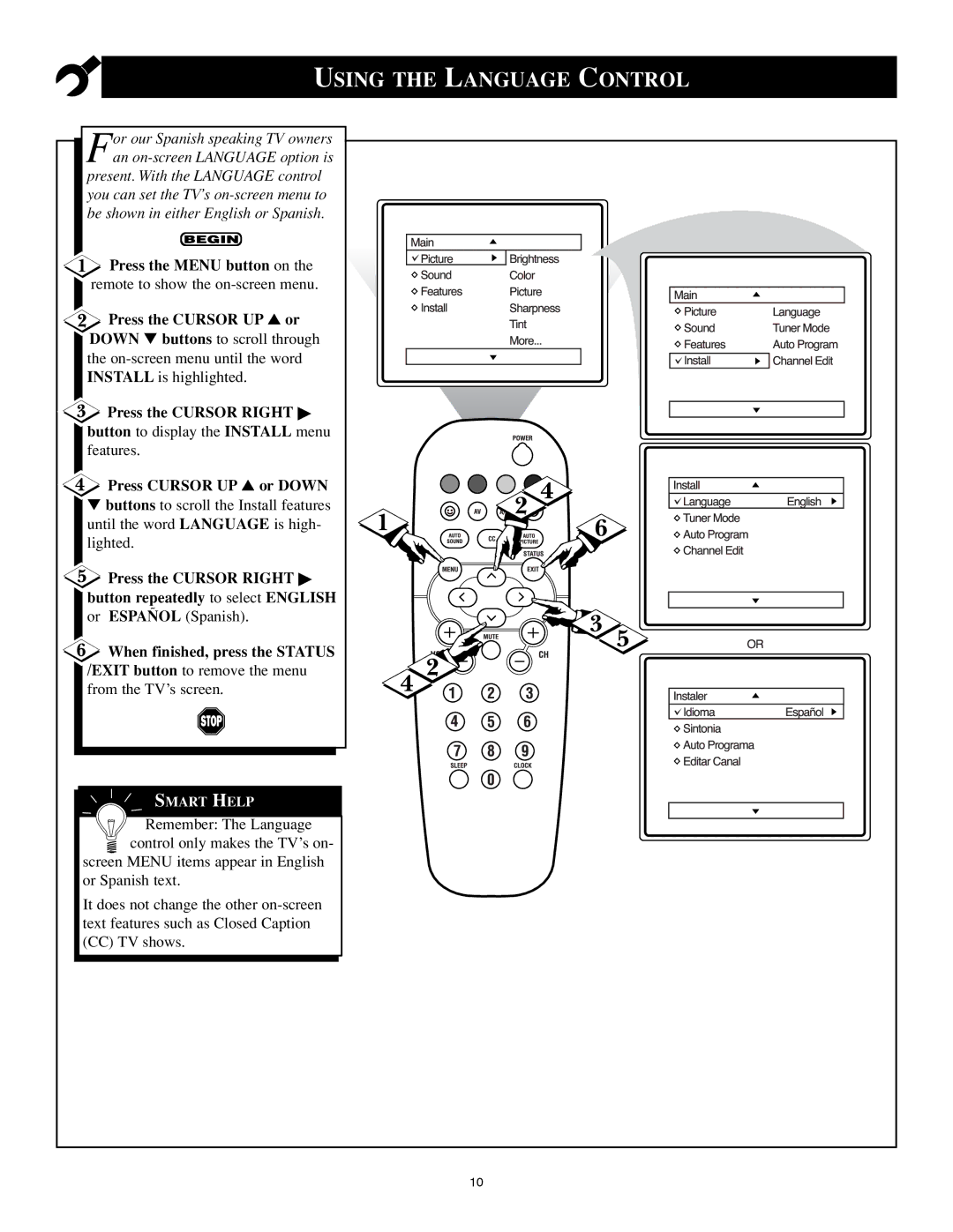 Philips 25PS40S99 manual Using the Language Control, Press the Cursor UP or 